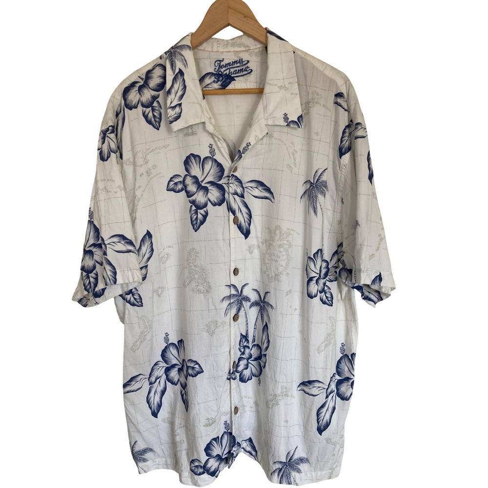 Tommy Bahama Mens XXL White Blue Tropical Map Hibiscus Rayon Camp Shirt SS